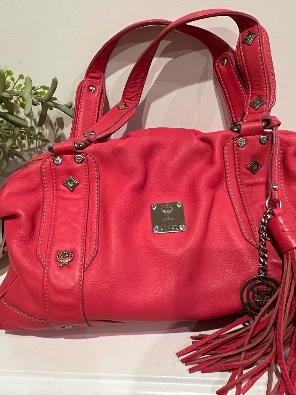 MCM Coral-Red Leather Shoulder Bag with Tassel
